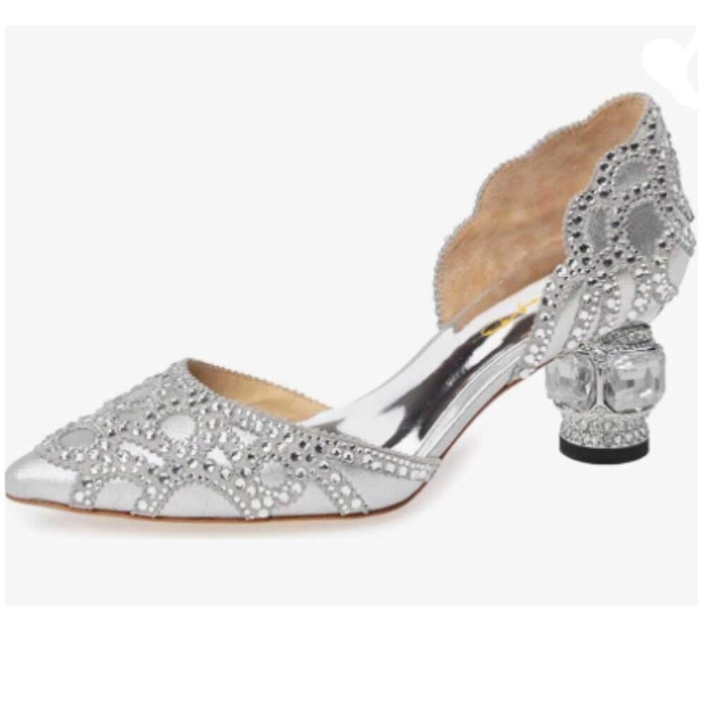 XYD Silver Pointed Toe D'Orsay Crystal Chunky Heel Rhinestone Studs Slip-On Pump